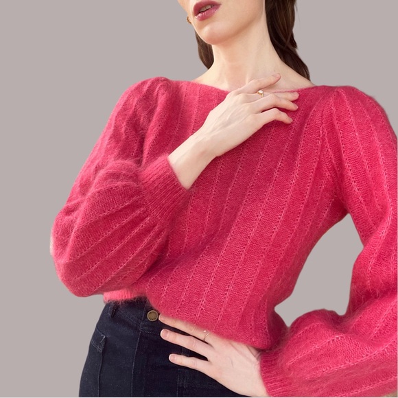 SEZANE Pink Wool Kid Mohair Fancy Knit Balloon Sleeve Sweater Aretha Jumper XS/S - Picture 3 of 17
